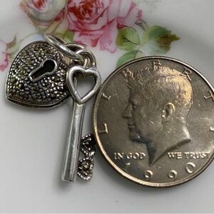VTG Large Sterling Marcasite Heart Lock & Key Pendant